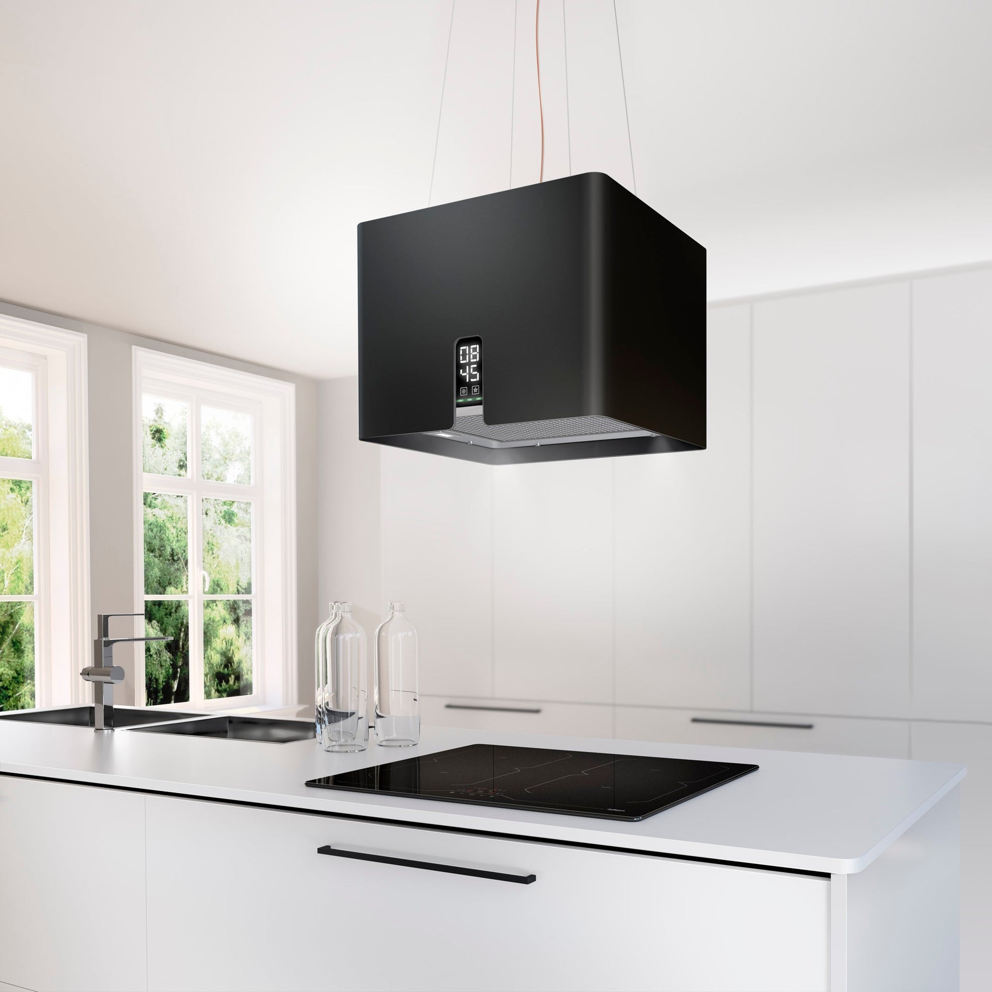Light Gray Airforce Square Young 45cm Island Cooker Hood with Touch Control & Digital Clock Display Black Satin Finish