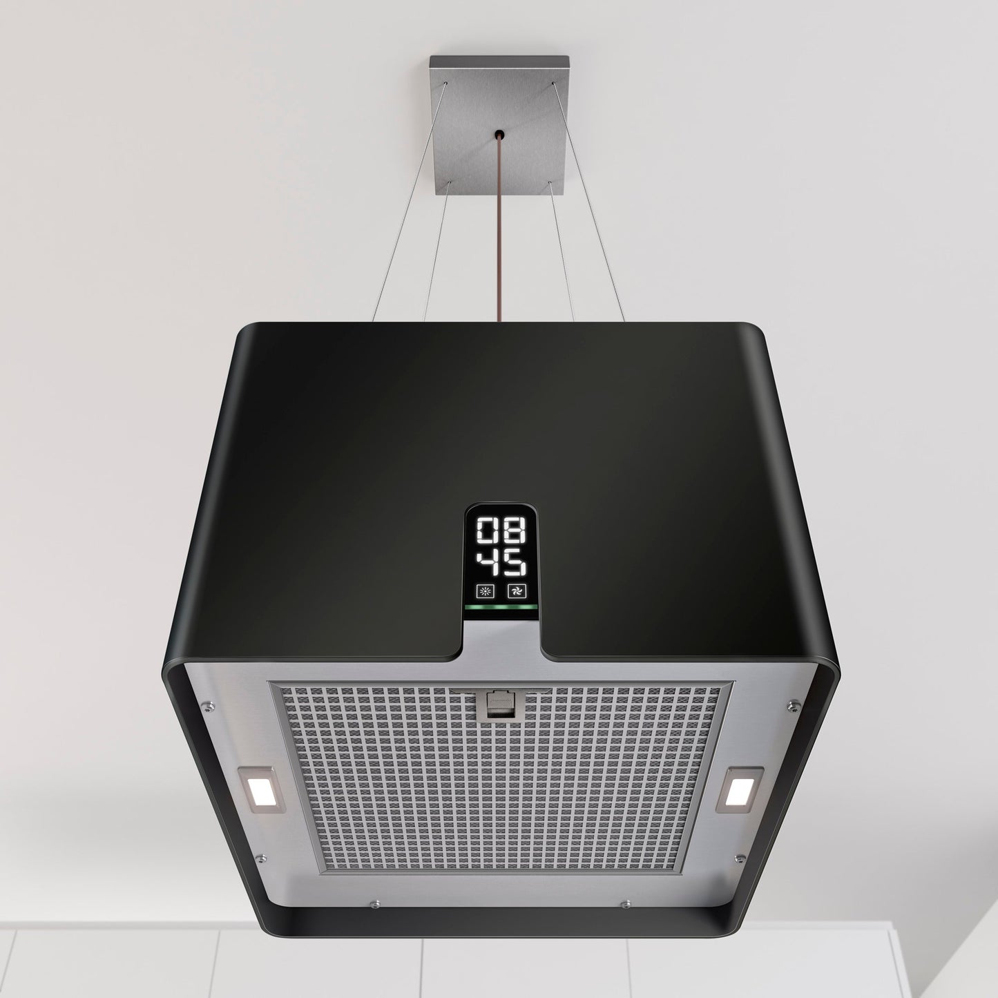 Light Gray Airforce Square Young 45cm Island Cooker Hood with Touch Control & Digital Clock Display Black Satin Finish