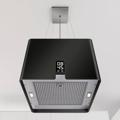 Light Gray Airforce Square Young 45cm Island Cooker Hood with Touch Control & Digital Clock Display Black Satin Finish