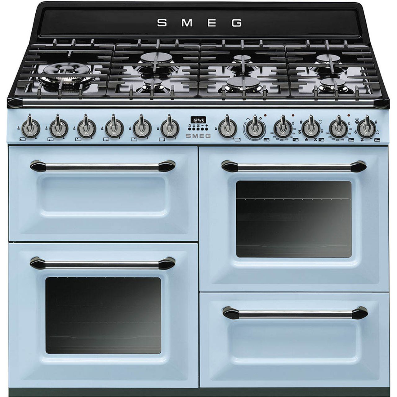 Light Steel Blue SMEG Victoria Cooker, Dual Fuel, Traditional, Four Cavity, Gas Hob, 1100 mm