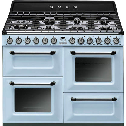 Light Steel Blue SMEG Victoria Cooker, Dual Fuel, Traditional, Four Cavity, Gas Hob, 1100 mm