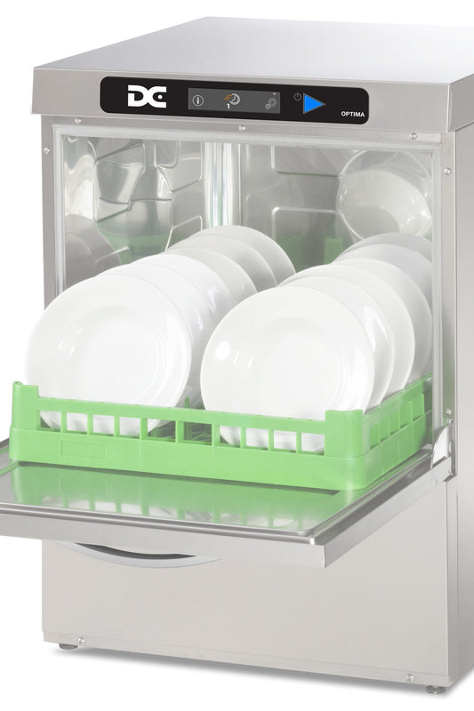 Light Gray DC OXD50AISD Optima Range 500mm Basket Frontloading Commercial Dishwasher with Break Tank, Integral Softener & Drain Pump - 18 Plates - Contact Us For Availability