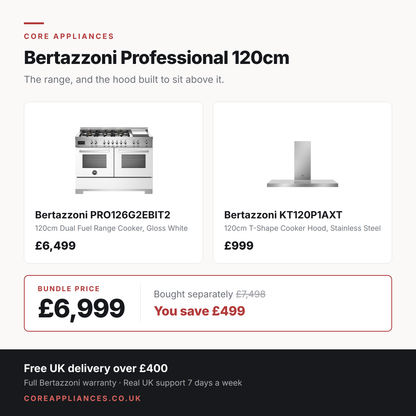 Bertazzoni Professional 120cm bundle — dual fuel range cooker in gloss white with matching 120cm T-shape hood, £6,999 saving £499