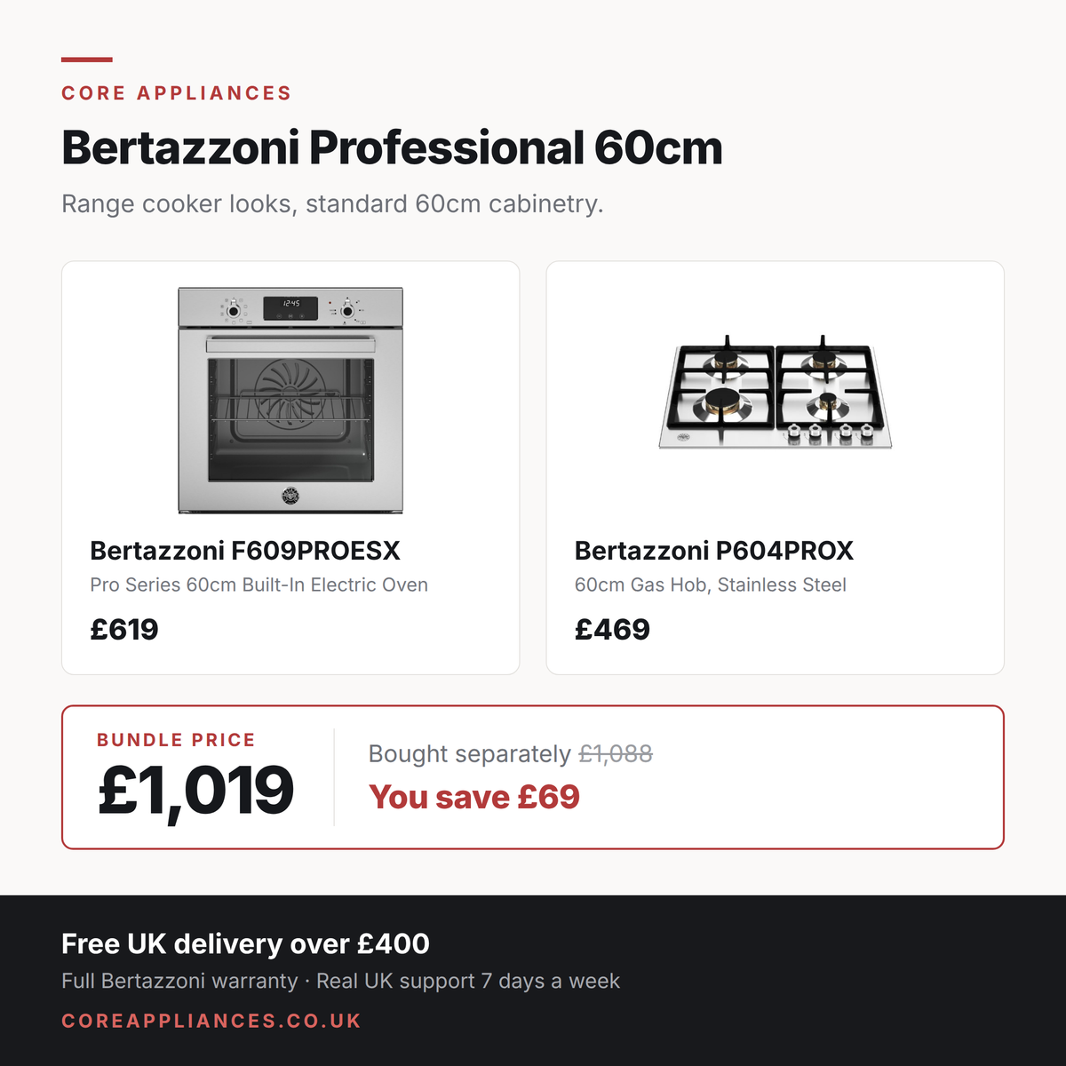 Bertazzoni Professional 60cm bundle — Pro Series built-in electric oven with 60cm gas hob in stainless steel, £1,019