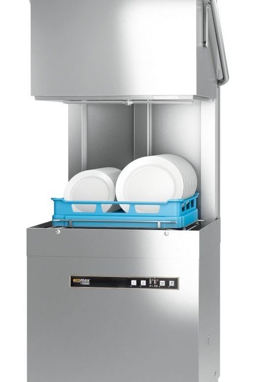 Dark Gray Hobart Ecomax H604SW-12B Hood / Passthrough 500mm Basket Frontloading Commercial Dishwasher with Integral Water Softener & Drain Pump, 18 Plate Capacity - Contact Us For Availability