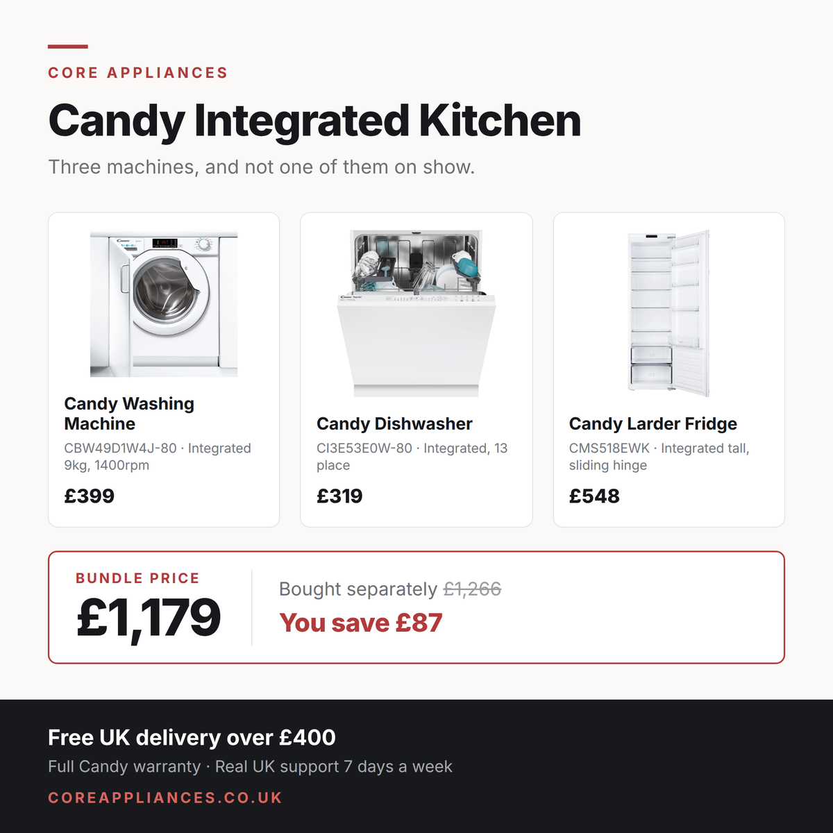 Candy Integrated Kitchen Bundle — 9kg integrated washing machine, 13 place integrated dishwasher and integrated tall larder fridge, £1,179 saving £87