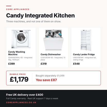 Candy Integrated Kitchen Bundle — 9kg integrated washing machine, 13 place integrated dishwasher and integrated tall larder fridge, £1,179 saving £87