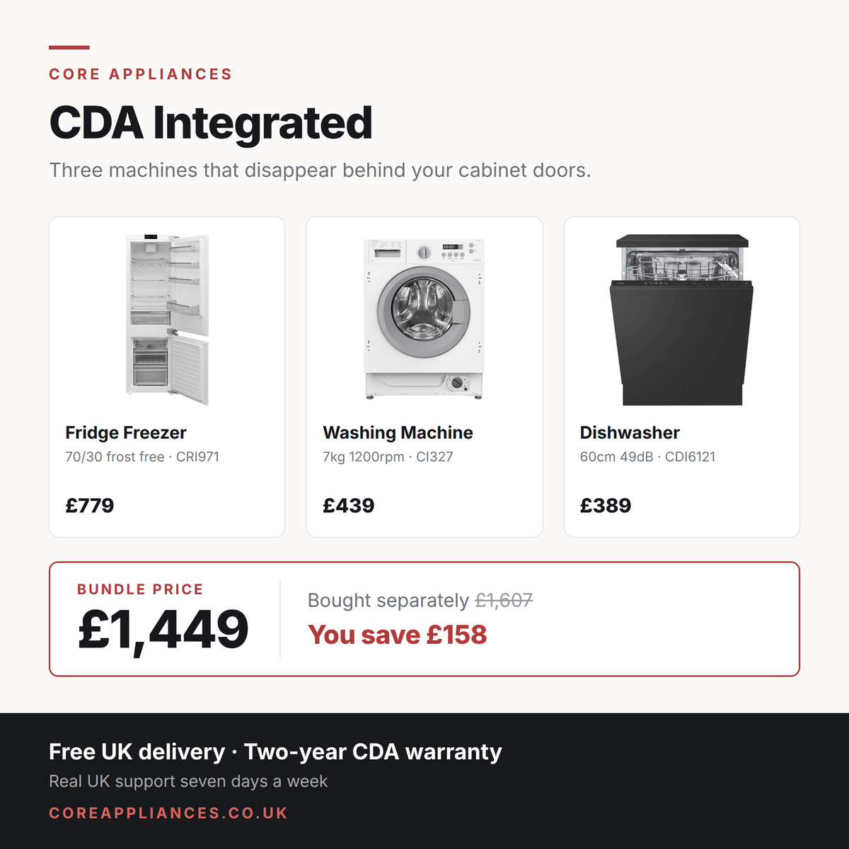 CDA integrated utility bundle — fridge freezer, washing machine and dishwasher, £1,449