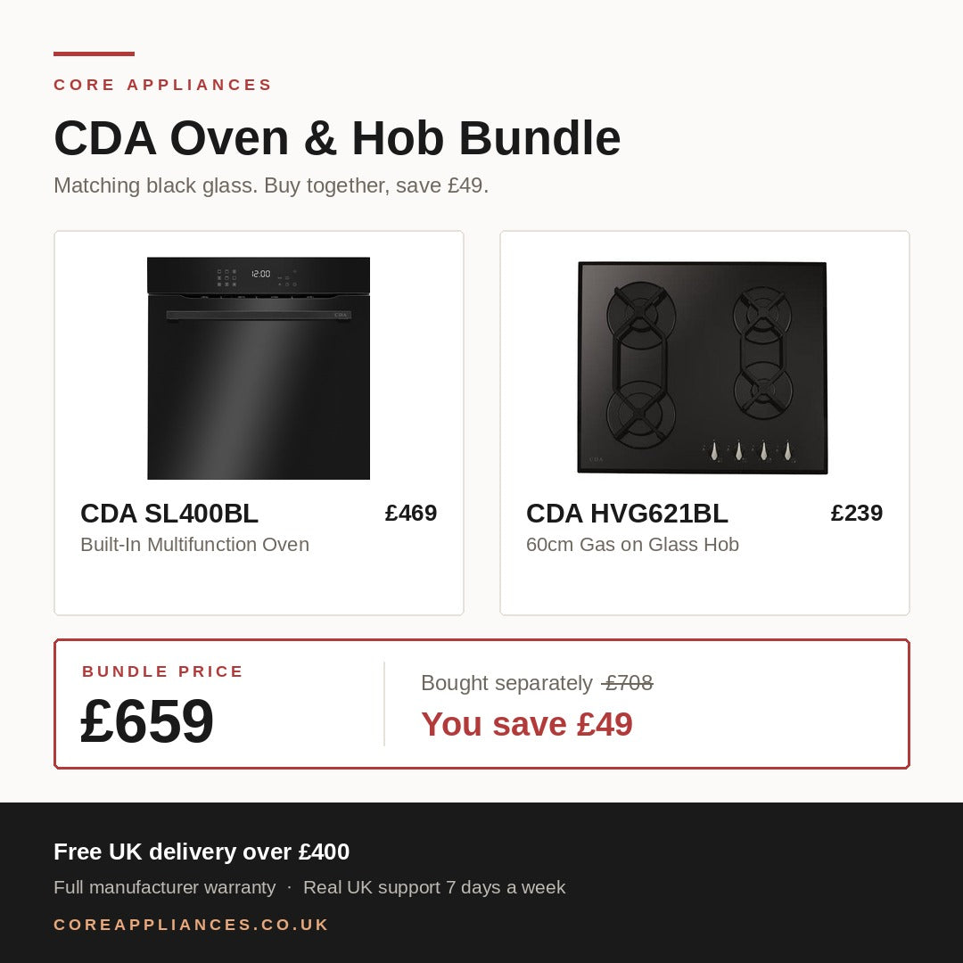 CDA Black Glass Kitchen Bundle — Oven & Gas on Glass Hob