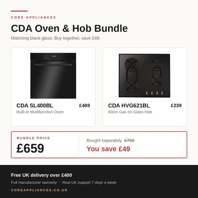 CDA Black Glass Kitchen Bundle — Oven & Gas on Glass Hob
