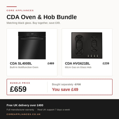 CDA Black Glass Kitchen Bundle — Oven & Gas on Glass Hob