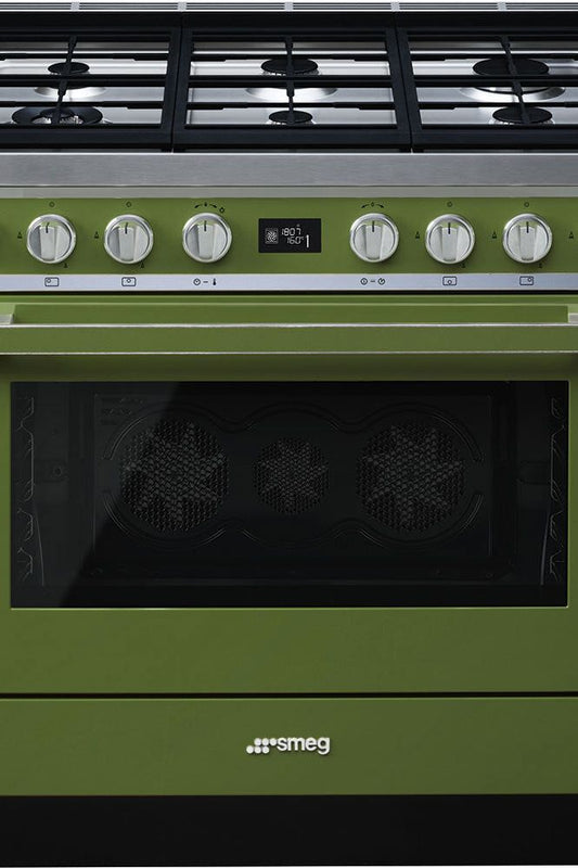 Dark Slate Gray SMEG Portifino Range Cooker, Dual Fuel, Pyrolytic Multifunctional, Single Cavity, 900 mm