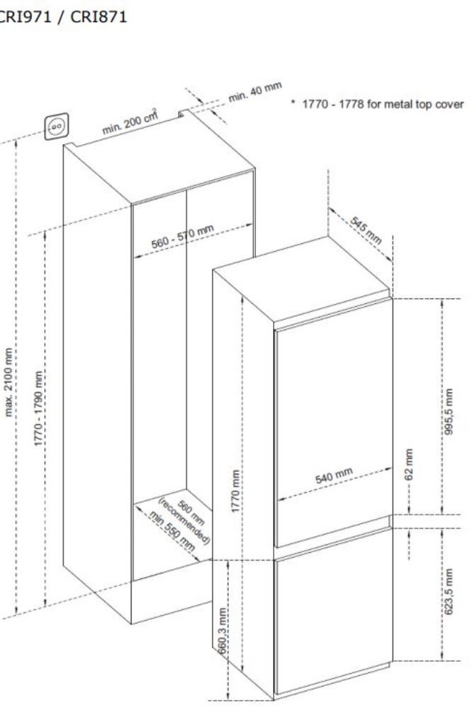 Light Gray CRI971 Integrated 70/30 combination fridge freezer