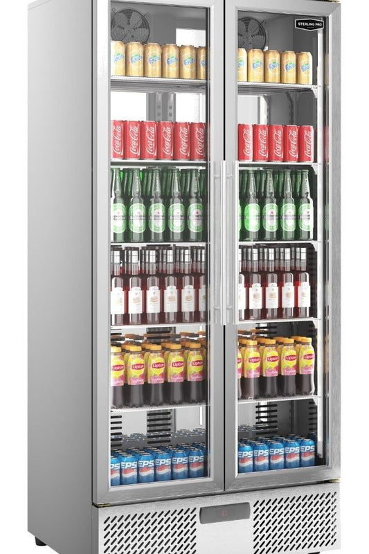 Gray Sterling Pro Green SP220-STS Double Door Stainless Steel Upright Bottle Cooler, 458 Litres - In Stock