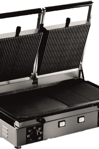 Gray Fama PDR3000S Half Ribbed Half Smooth Contact Panini Grill, 3kW - Discontinued