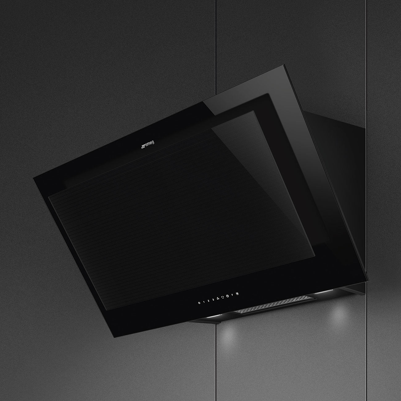 Black SMEG Linea Angled Chimney Hood, 900 mm