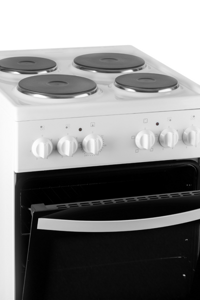 Black SIA 50cm Freestanding Electric Single Cavity Cooker, Solid Plate Hob In White