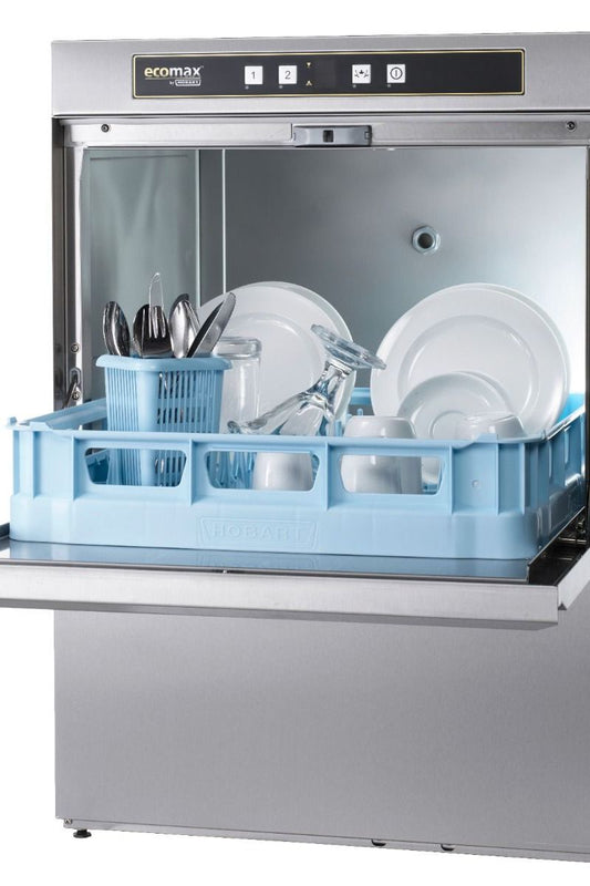 Dark Gray Hobart Ecomax F504S-20C 500mm Basket Frontloading Commercial Dishwasher with Integral Water Softener & Drain Pump, 18 Plates - Contact Us For Availability