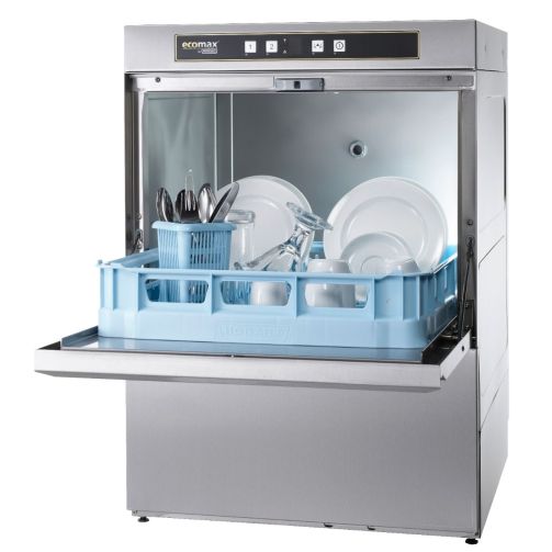 Dark Gray Hobart Ecomax F504S-20C 500mm Basket Frontloading Commercial Dishwasher with Integral Water Softener & Drain Pump, 18 Plates - Contact Us For Availability