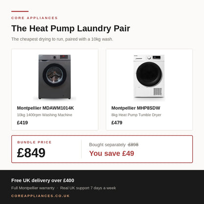 Montpellier Heat Pump Laundry Bundle — 10kg Washing Machine & 8kg Heat Pump Dryer