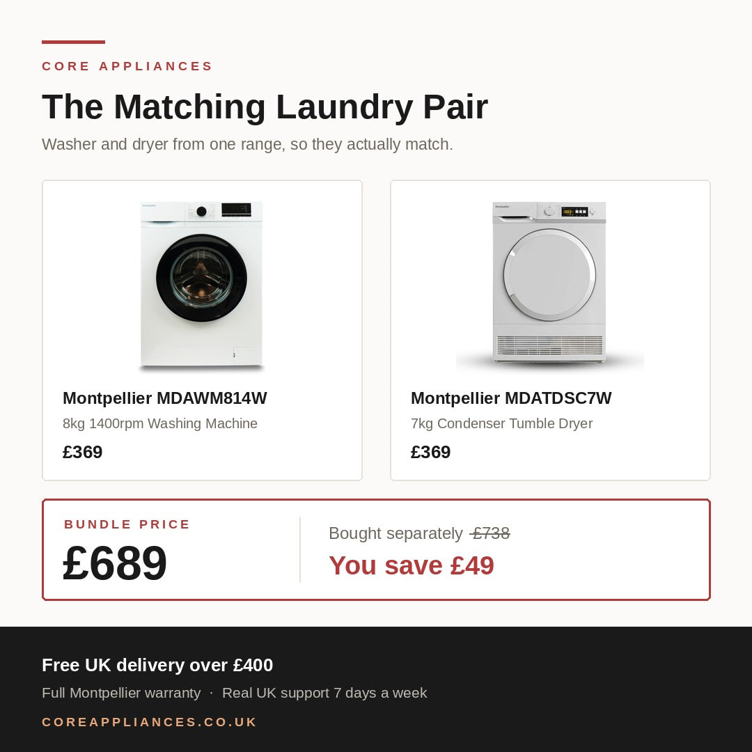 Montpellier Freestanding Laundry Bundle — 8kg Washing Machine & 7kg Condenser Dryer