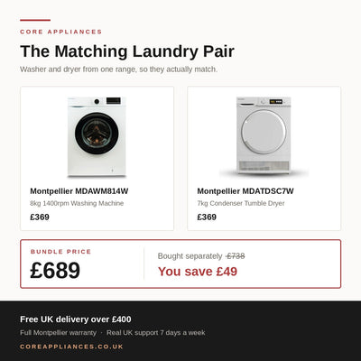 Montpellier Freestanding Laundry Bundle — 8kg Washing Machine & 7kg Condenser Dryer