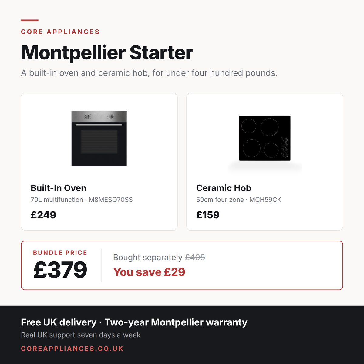 Montpellier starter kitchen bundle — built-in oven and ceramic hob, £379