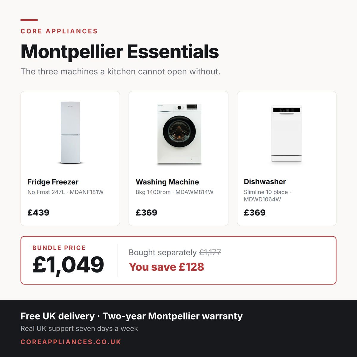 Montpellier essentials bundle — fridge freezer, washing machine and dishwasher, £1,049