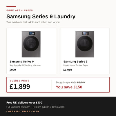 Samsung Series 9 Laundry Bundle — 9kg AI Washing Machine & 9kg Tumble Dryer