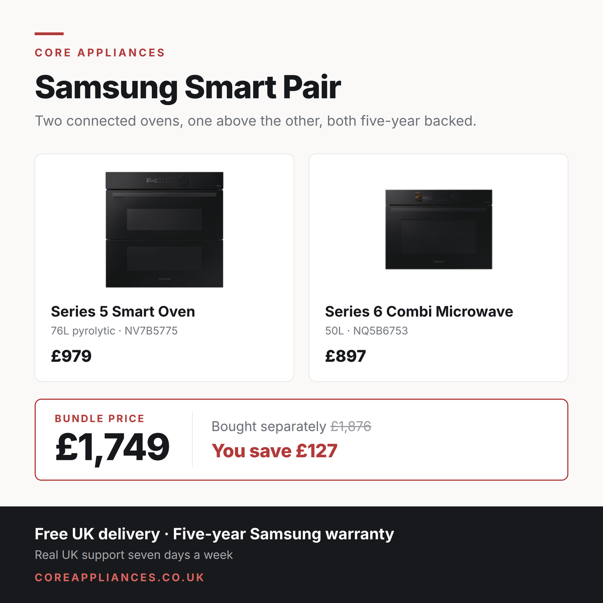 Samsung tall housing bundle — Series 5 smart oven and Series 6 combination microwave, £1,749