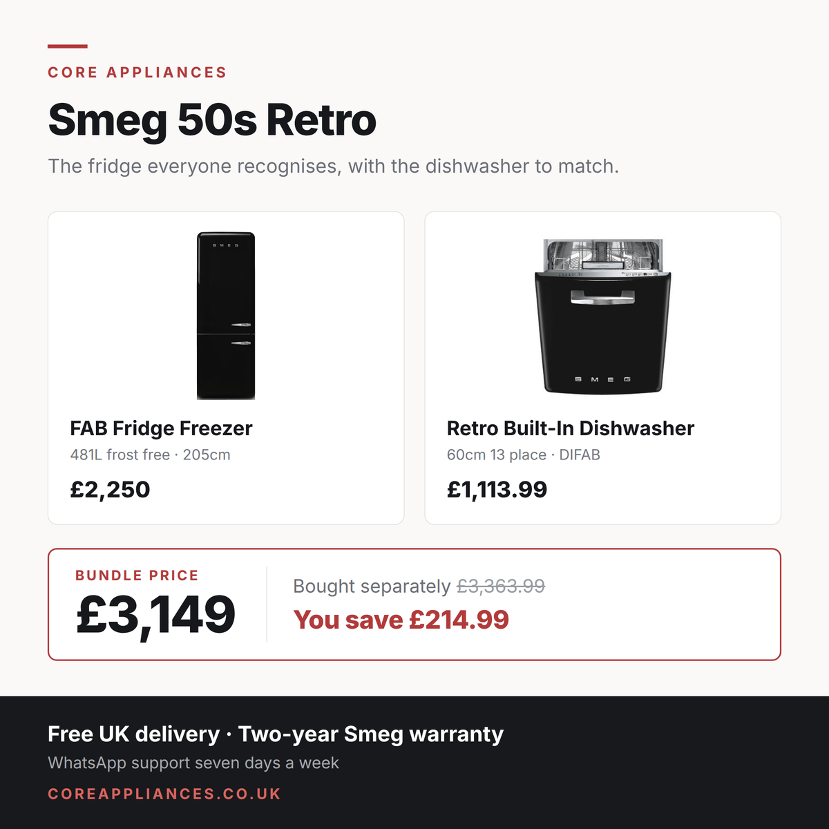 Smeg 50s Retro Style bundle — fridge freezer and built-in dishwasher, £3,149