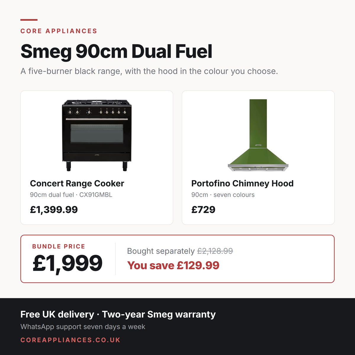 Smeg 90cm dual fuel bundle — Concert range cooker and Portofino chimney hood, £1,999