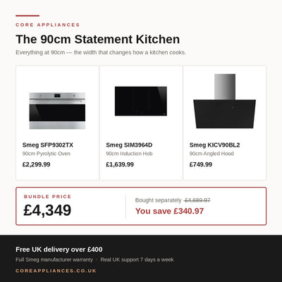 Smeg 90cm Statement Kitchen Bundle — Pyrolytic Oven, Induction Hob & Angled Hood