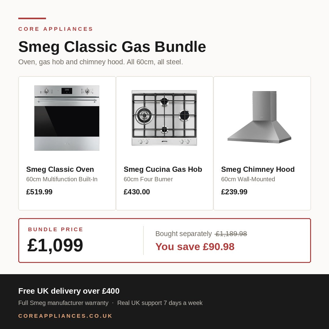 Smeg Classic 60cm Gas Kitchen Bundle — Oven, Hob & Chimney Hood