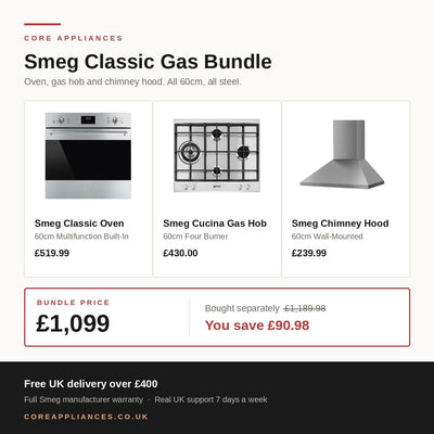 Smeg Classic 60cm Gas Kitchen Bundle — Oven, Hob & Chimney Hood
