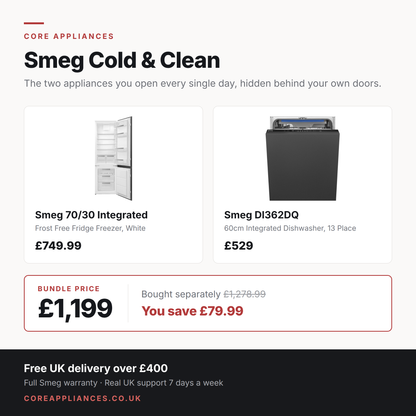 Smeg Cold & Clean bundle — 70/30 integrated frost free fridge freezer with 60cm integrated dishwasher, £1,199