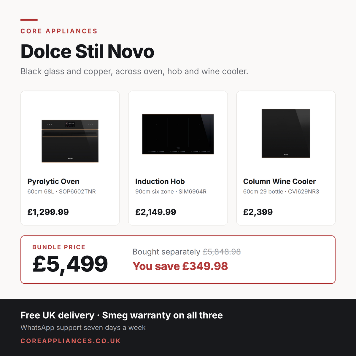 Smeg Dolce Stil Novo kitchen bundle — pyrolytic oven, induction hob and wine cooler, £5,499