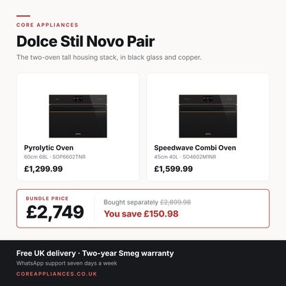 Smeg Dolce Stil Novo tall housing bundle — pyrolytic oven and compact combi oven, £2,749