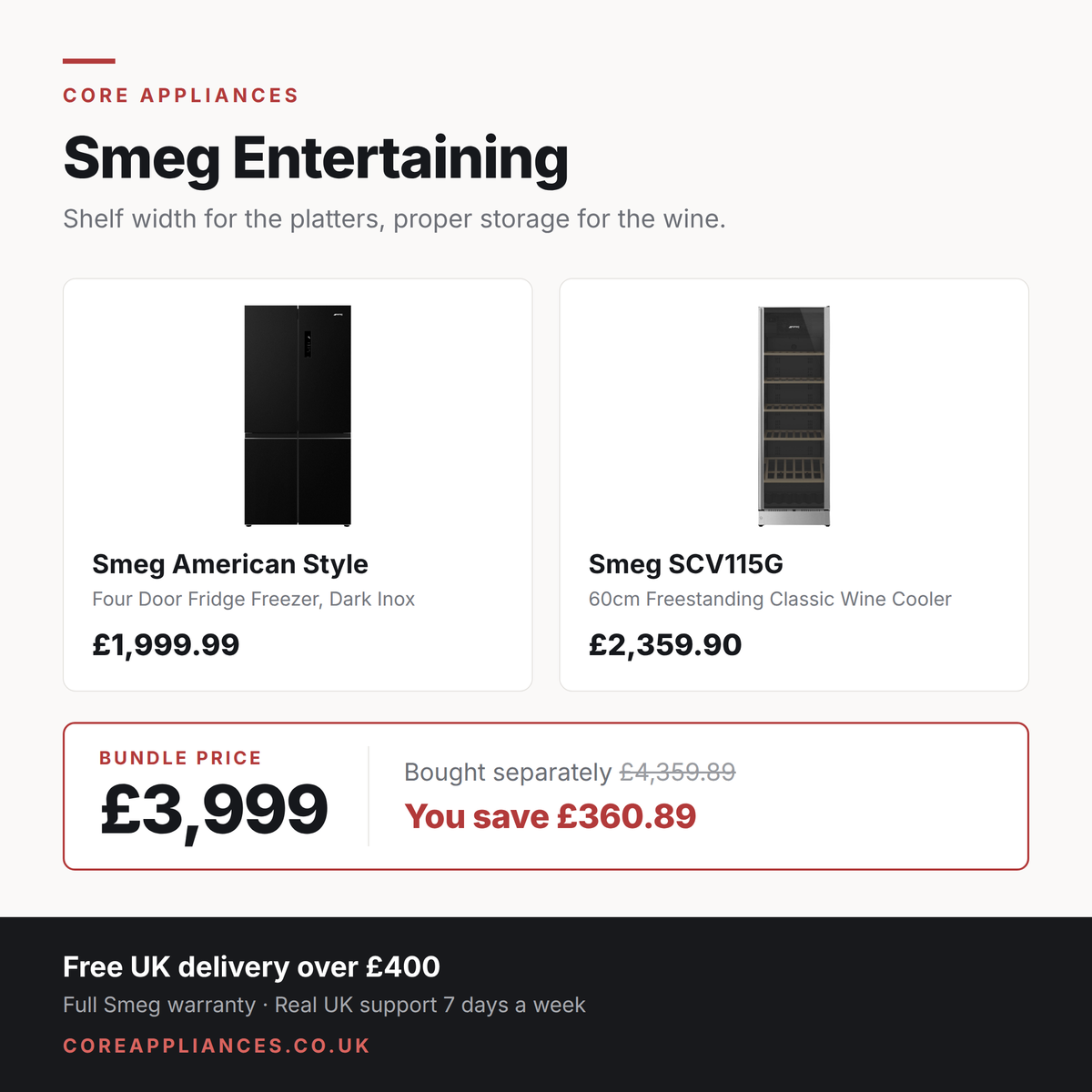 Smeg Entertaining bundle — four door American fridge freezer in Dark Inox with 60cm Classic wine cooler, £3,999