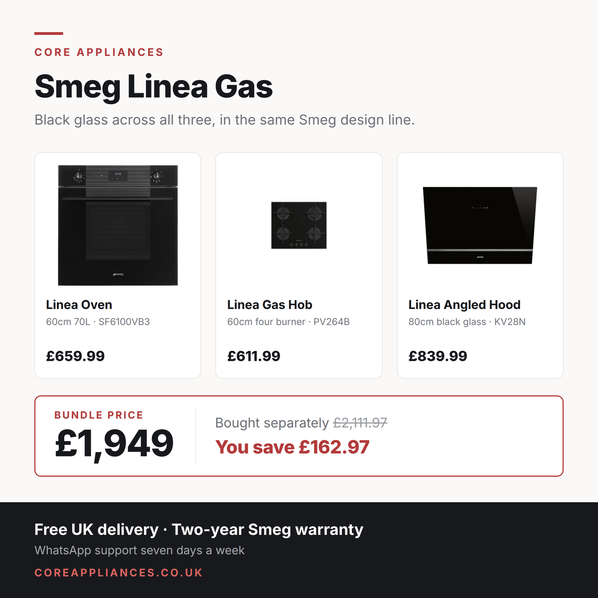 Smeg Linea gas kitchen bundle — oven, hob and angled hood, £1,949