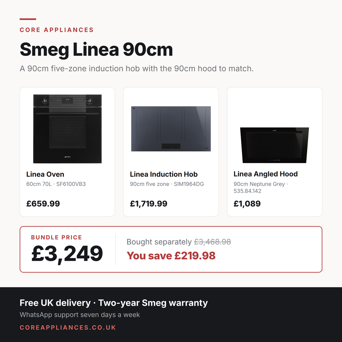 Smeg Linea 90cm induction kitchen bundle — oven, hob and angled hood, £3,249