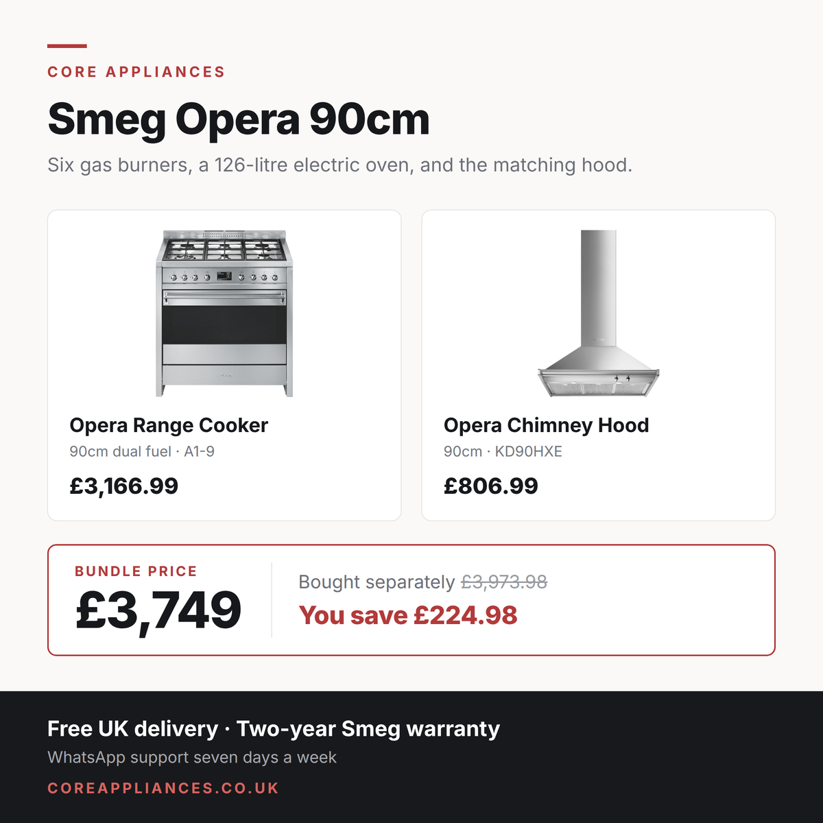 Smeg Opera 90cm bundle — dual fuel range cooker and chimney hood, £3,749