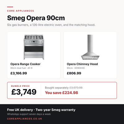 Smeg Opera 90cm Bundle — Dual Fuel Range Cooker & Chimney Hood