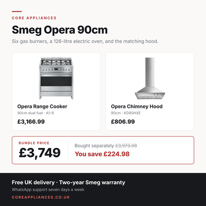 Smeg Opera 90cm bundle — dual fuel range cooker and chimney hood, £3,749