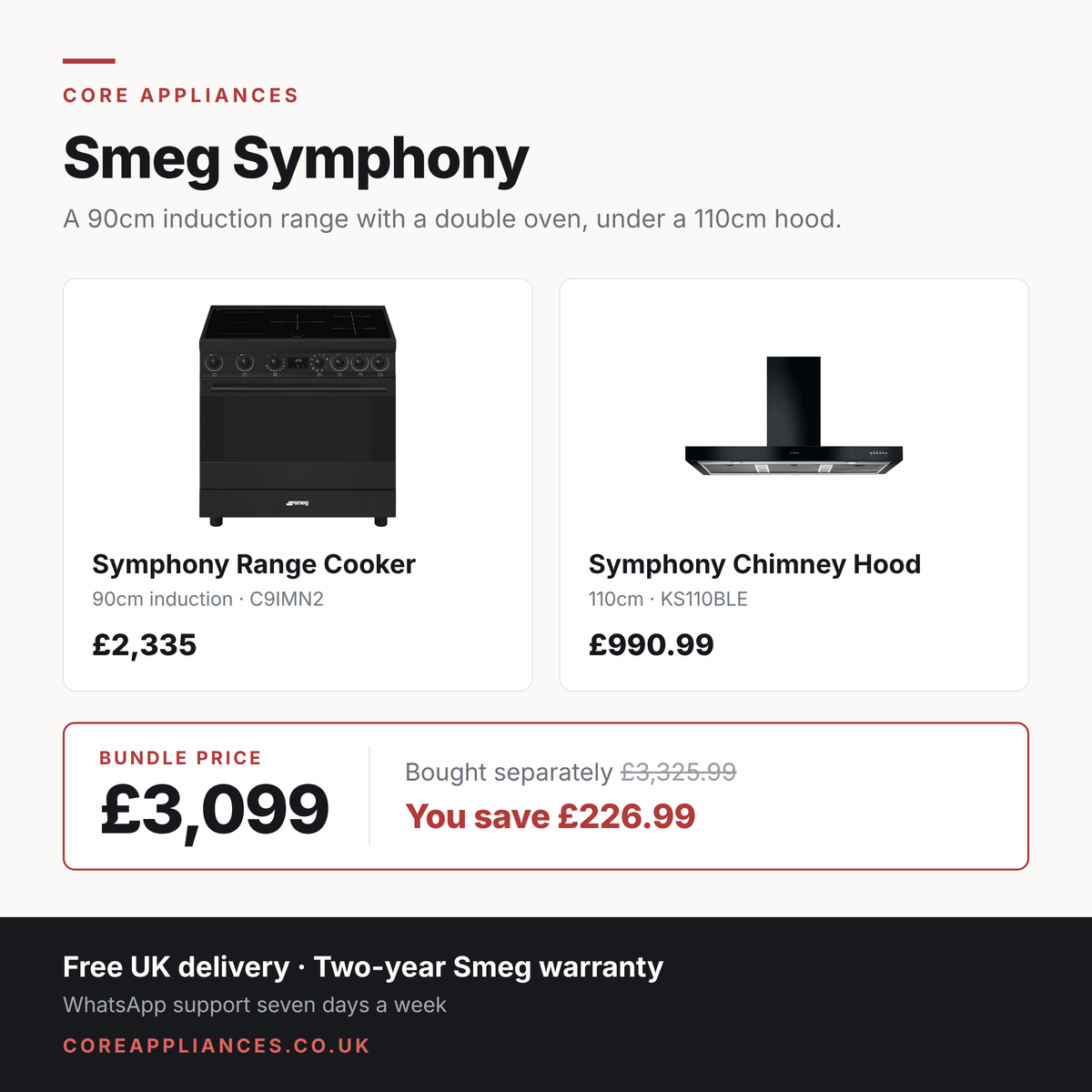 Smeg Symphony bundle — 90cm induction range cooker and 110cm hood, £3,099