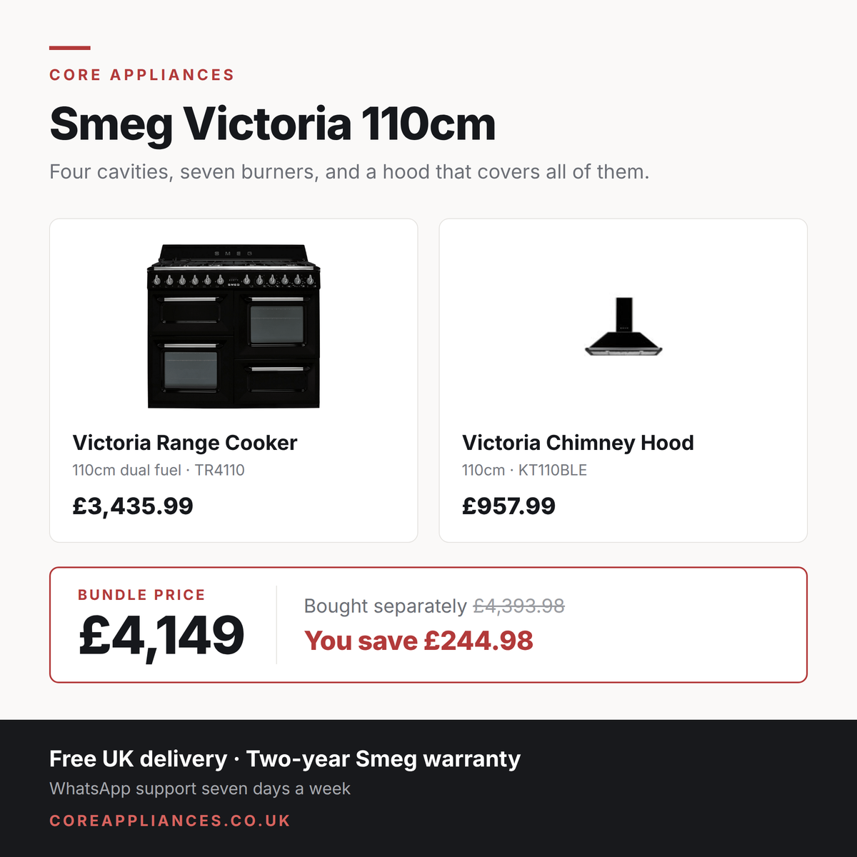 Smeg Victoria 110cm bundle — dual fuel range cooker and traditional hood, £4,149