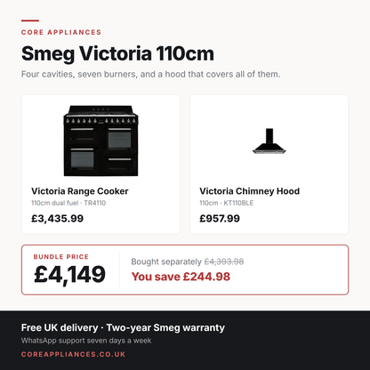 Smeg Victoria 110cm bundle — dual fuel range cooker and traditional hood, £4,149