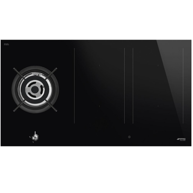 Black SMEG Classic Hob, Mixed Fuel with Gas Burners and Induction Multizone, 900 mm