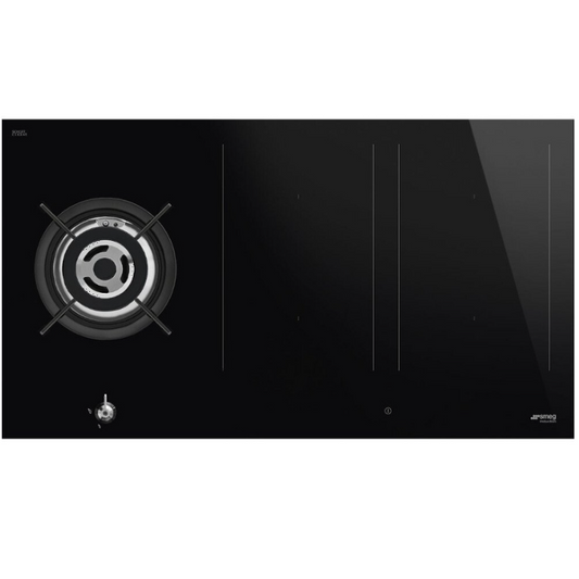 Black SMEG Classic Hob, Mixed Fuel with Gas Burners and Induction Multizone, 900 mm