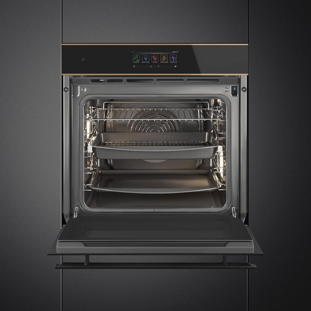 Smeg Dolce Stil Novo 60cm Built-In Pyrolytic Oven - Black with Copper Trim - Core Appliances